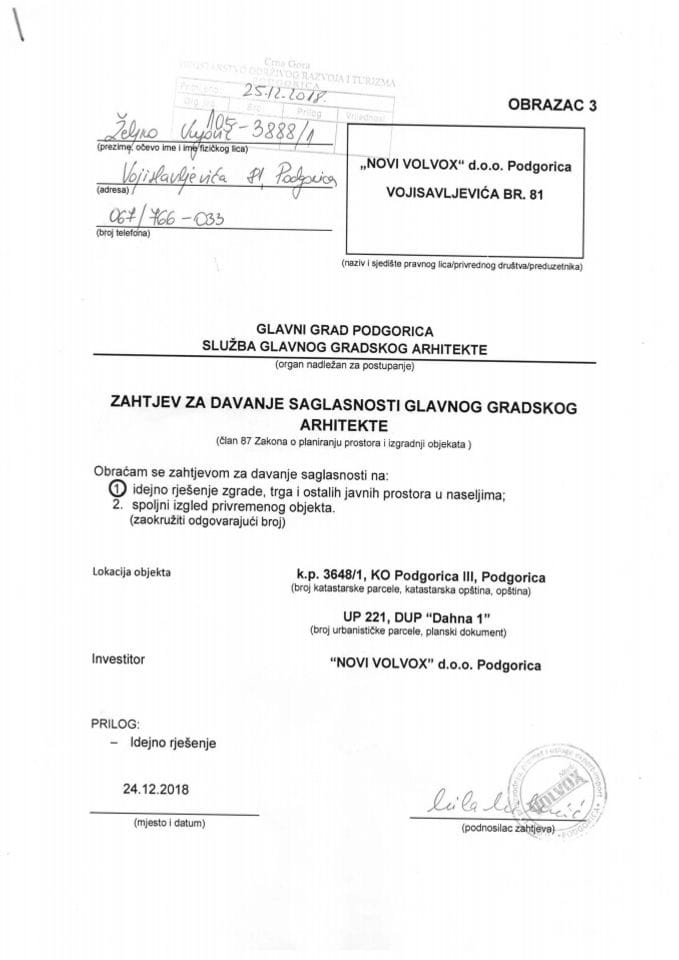 25.12.2018. Zahtjev - NOVI VOLVOX D.O.O. - Podgorica