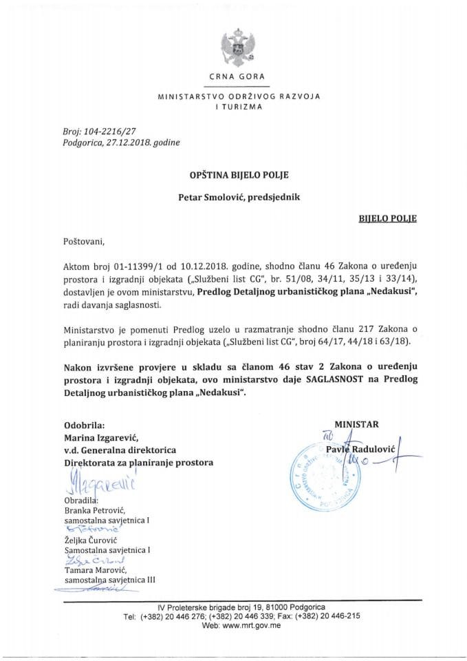 104_2216_27 Сагласност на Предлог ДУП Недакуси, Општина Бијело Поље