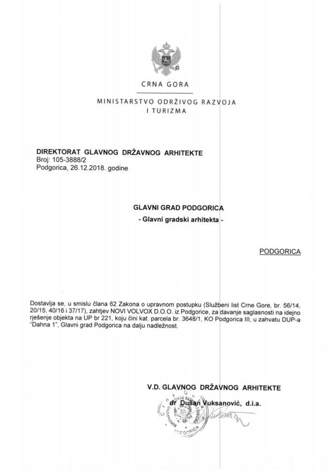 26.12.2018. Glavni grad Podgorica - Glavni gradski arhitekta - NOVI VOLVOX D.O.O. - Podgorica