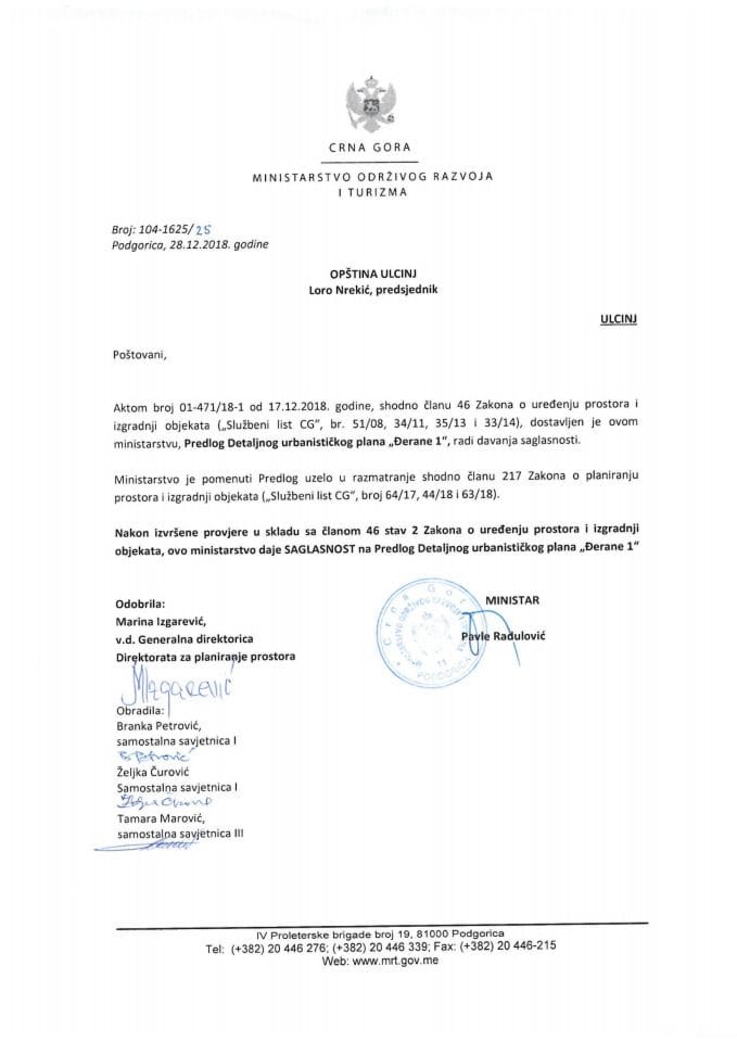 104-1625_25 Saglasnost na Predlog DUP-a Đerane 1, Opština Ulcinj