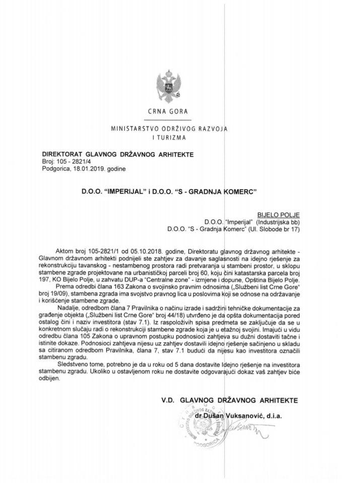 18.01.2019. Obavještenje - d.o.o. Imperijal i d.o.o. S-gradnja komerc - Bijelo Polje