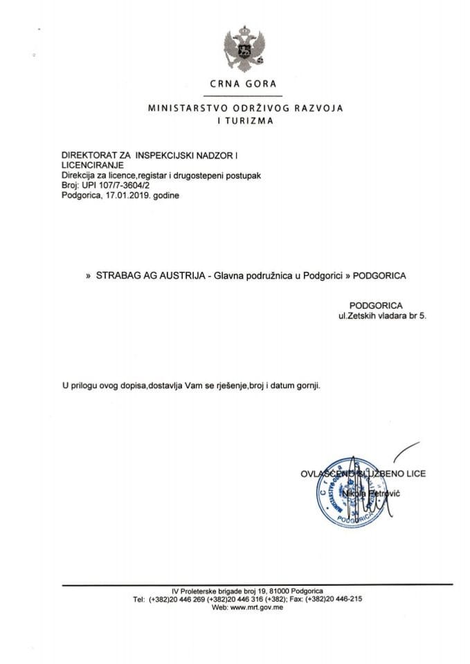 UPI-107-7-3604-2 STRABAG AG AUSTRIJA-Glavna podružnica u Podgorici
