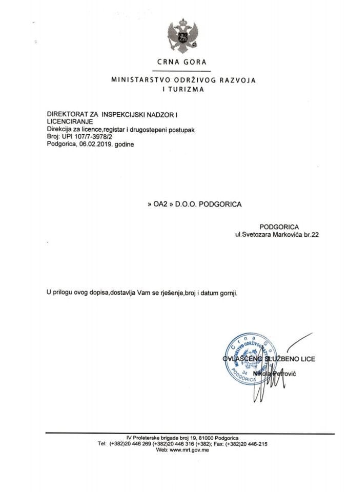 UPI-107-7-3978-2 OA2 DOO PODGORICA