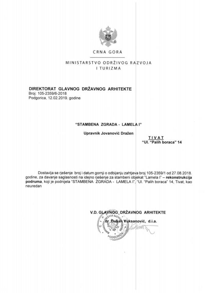 12.02.2019. Rješenje - Stambena zgrada Lamela I u ul. Palih boraca - Tivat