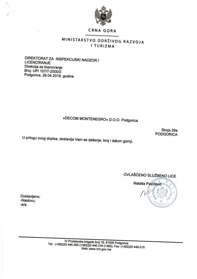 UPI-107-7-2500-2 DECOM MONTENEGRO DOO PODGORICA