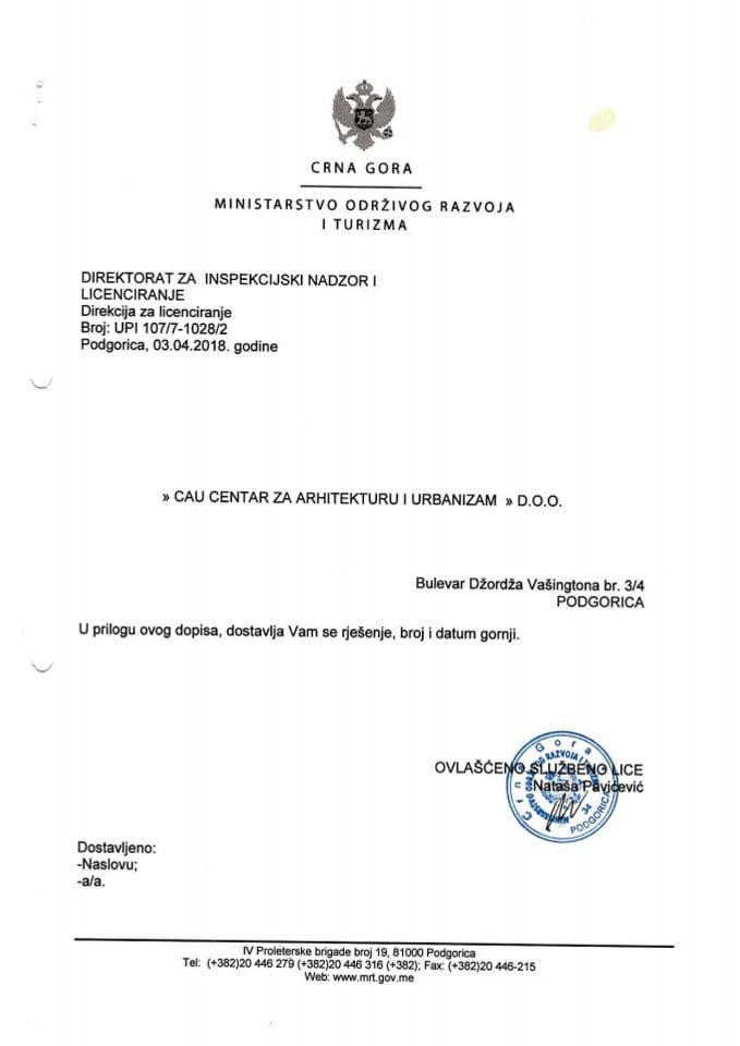 UPI-107-7-1028-2 CAU CENTAR ZA ARHITEKTURU I URBANIZAM DOO