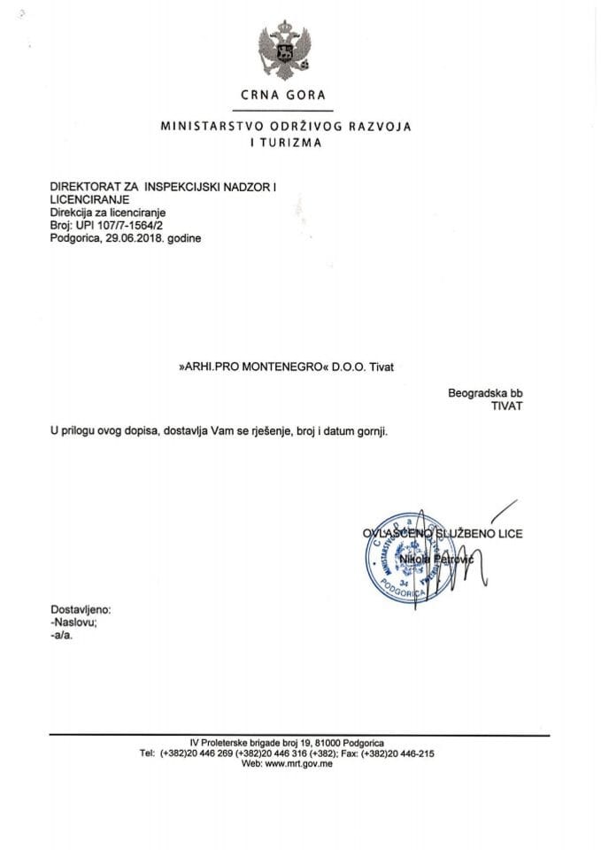 UPI-107-7-1564-2 ARHI. PRO MONTENEGRO DOO TIVAT