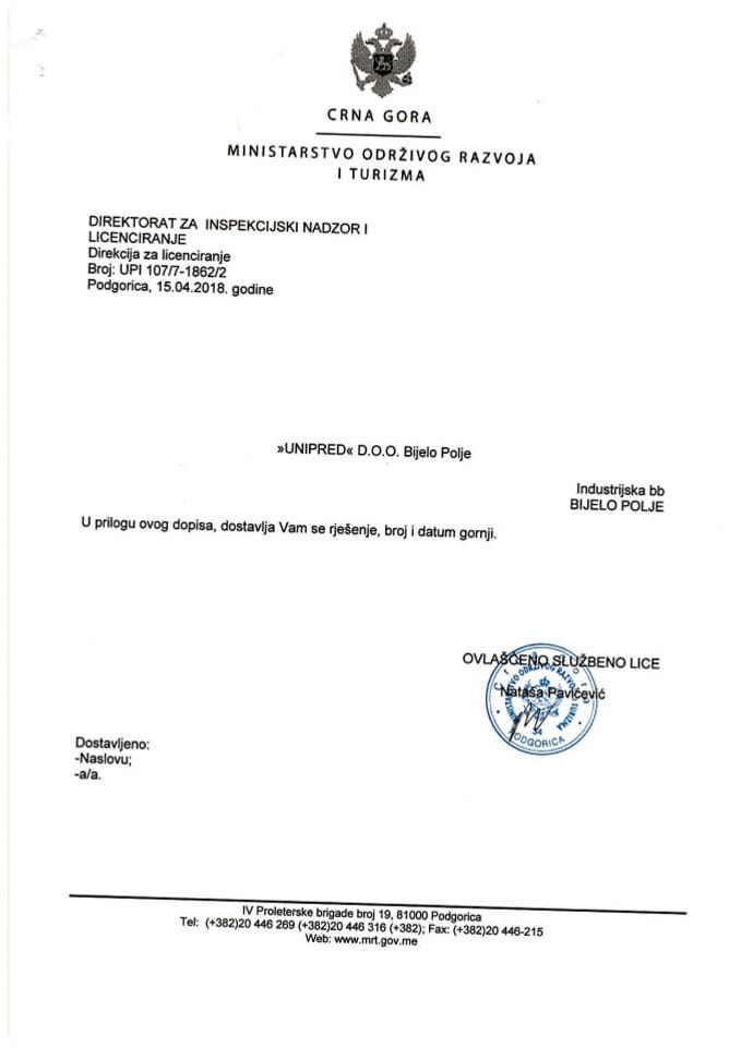 UPI-107-7-1862-2 UNIPRED DOO BIJELO POLJE
