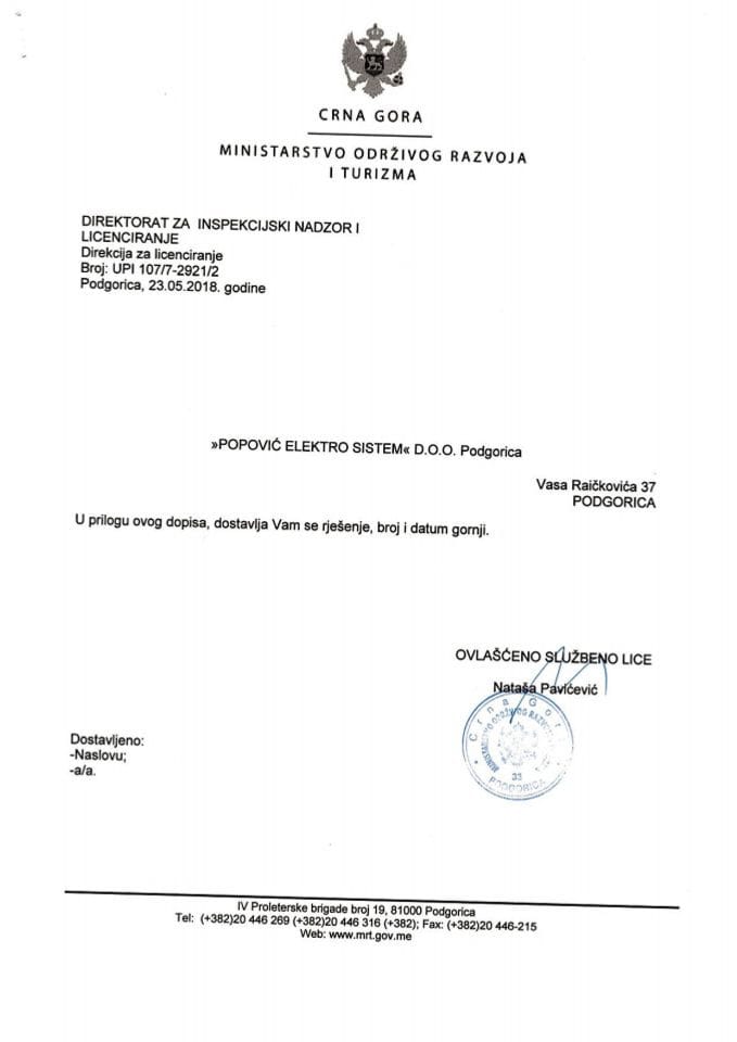 UPI-107-7-2921-2 POPOVIĆ ELEKTRO SISTEM DOO PODGORICA