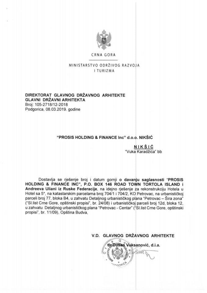 08.03.2019. Rješenje - Prosis Holding &  Finance lnc d.o.o. - Budva