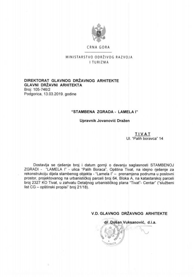 13.03.2019. Rješenje - Stambena zgrada - Lamela I u ul. Palih Boraca - Tivat