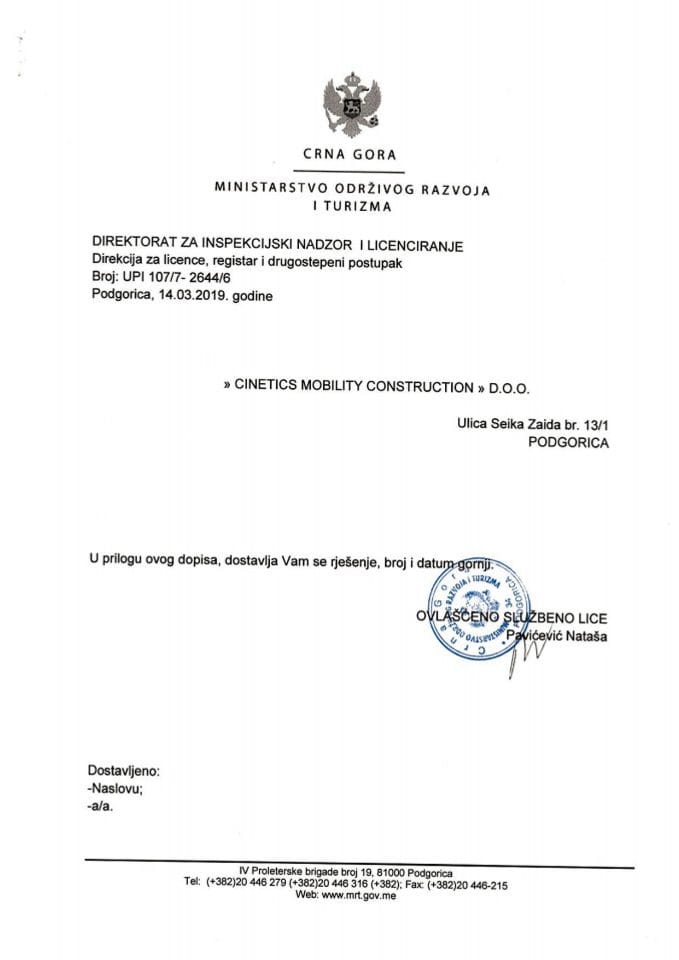 UPI-107-7-2644-6 CINETIS MOBILITY CONSTRUCTION DOO