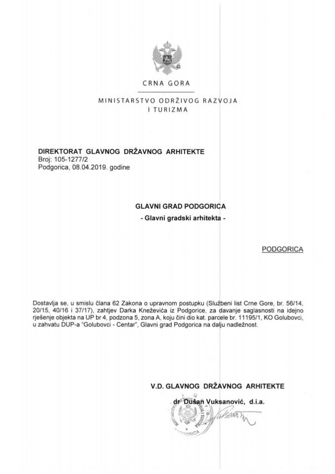 08.04.2019. Obavještenje - Glavni grad Podgorica - Glavni gradski arhitekta - Darko Knežević - Podgorica