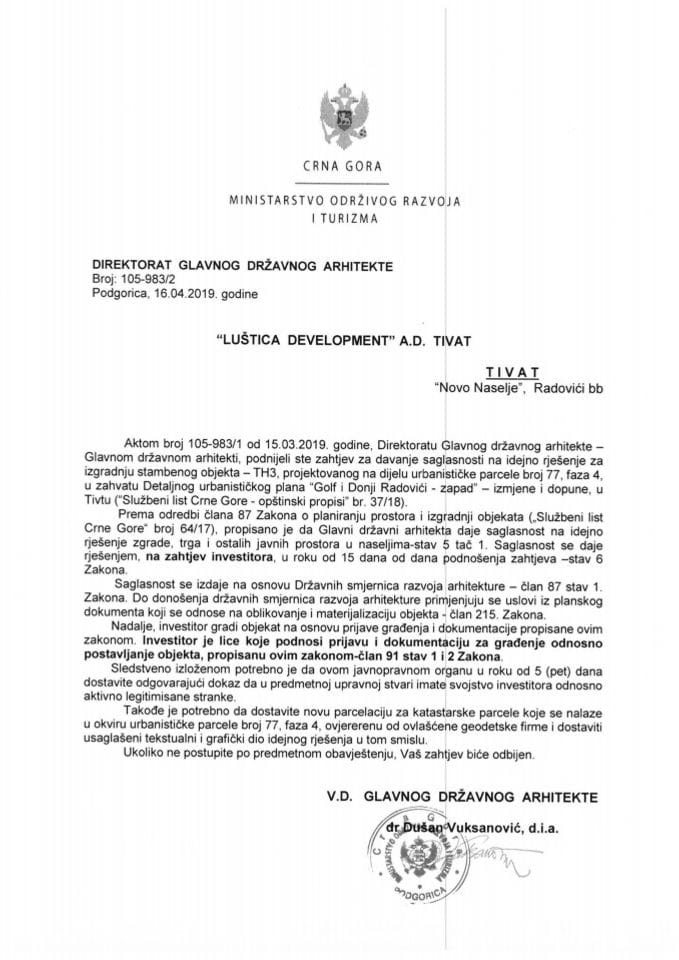 16.04.2019. Obavještenje - Luštica Development A.D. - TH3 - Tivat