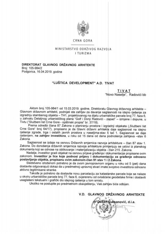 16.04.2019. Obavještenje - Luštica Development A.D. - TH1 - Tivat
