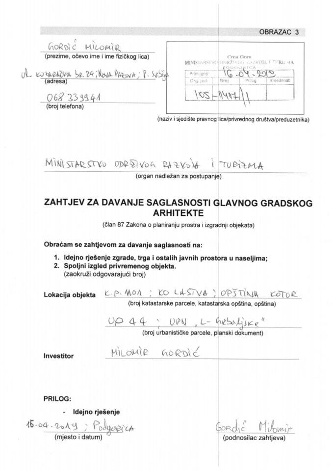 16.04.2019. Zahtjev - Milomir Gordić - Kotor