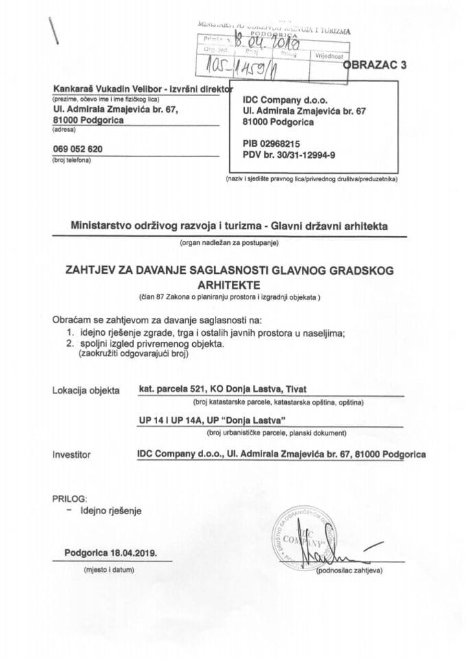 18.04.2019. Zahtjev - IDC Company d.o.o. - Tivat