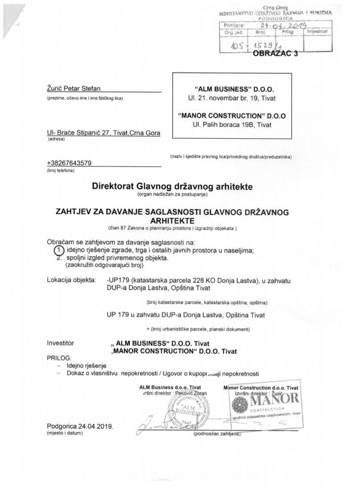 25.04.2019. Zahtjev - ALM Business d.o.o. i MANOR CONSTRUCTION d.o.o. - Tivat