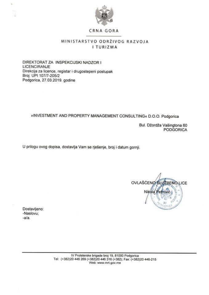 UPI-107-7-205-2 INVESTMENT AND PROPERTY MANAGEMENT  CONSTULTING DOO