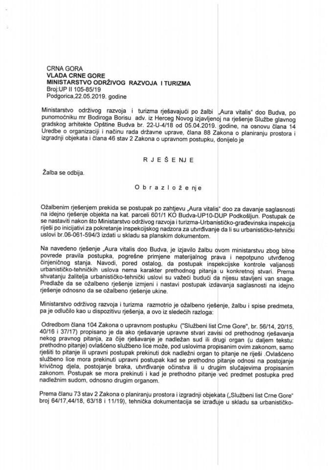 22.05.2019. Rješenje po žalbi - Opština Budva - Glavni gradski arhitekta - Aura vitalis d.o.o. - Budva