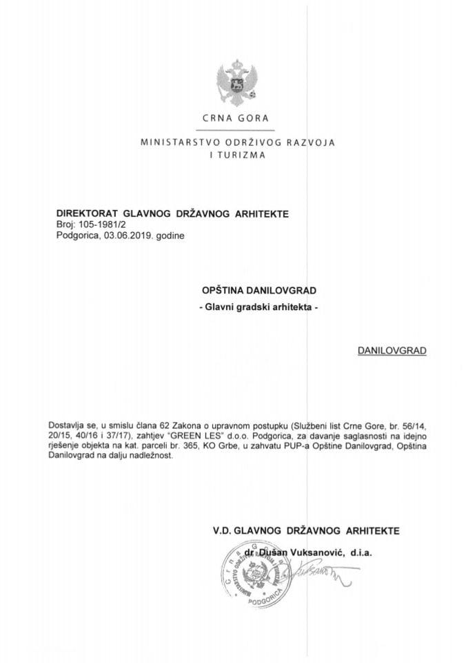 03.06.2019. Obavještenje - Opština Danilovgrad - Glavni gradski arhitekta - GREEN LES d.o.o. - Danilovgrad