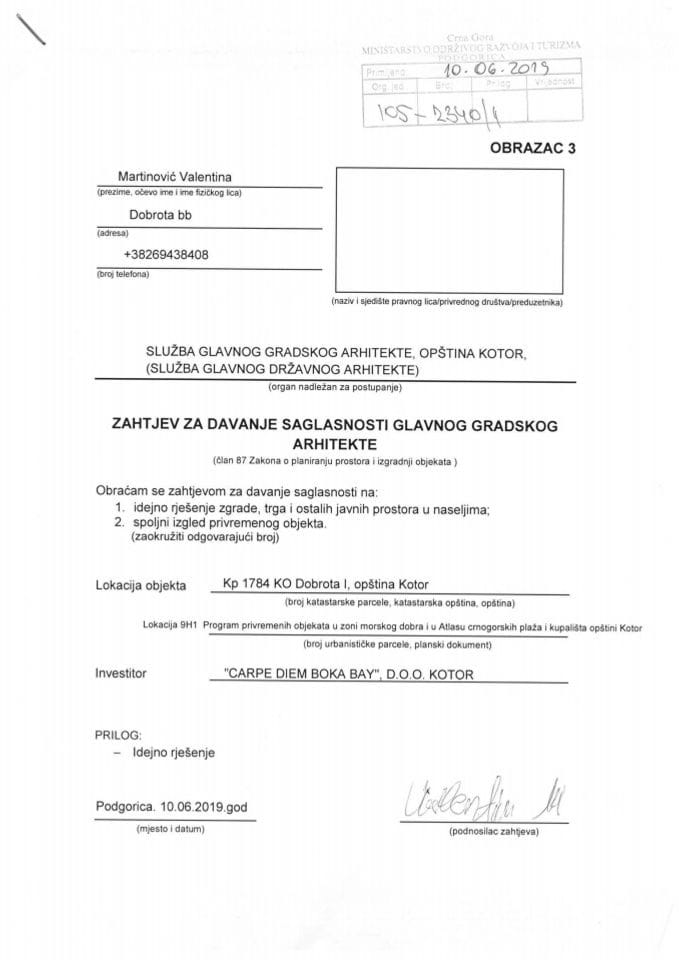 10.06.2019. Zahtjev - CARPE DIEM BOKA BAY D.O.O. - Lokacija 9H1 - Kotor
