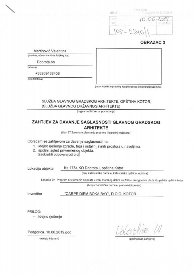 10.06.2019. Zahtjev - CARPE DIEM BOKA BAY D.O.O. - Lokacija 9H - Kotor