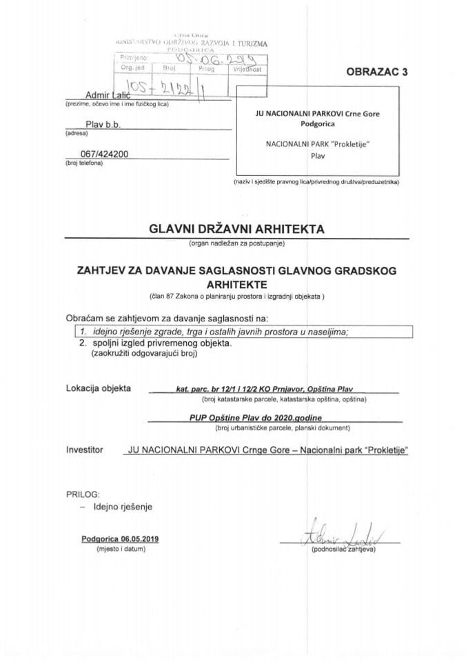 05.06.2019. Zahtjev - JU Nacionalni parkovi Crne Gore - Nacionalni park Prokletije - Plav