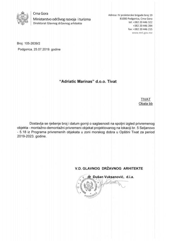 25.07.2019. Rješenje - Adriatic Marinas d.o.o. - Tivat