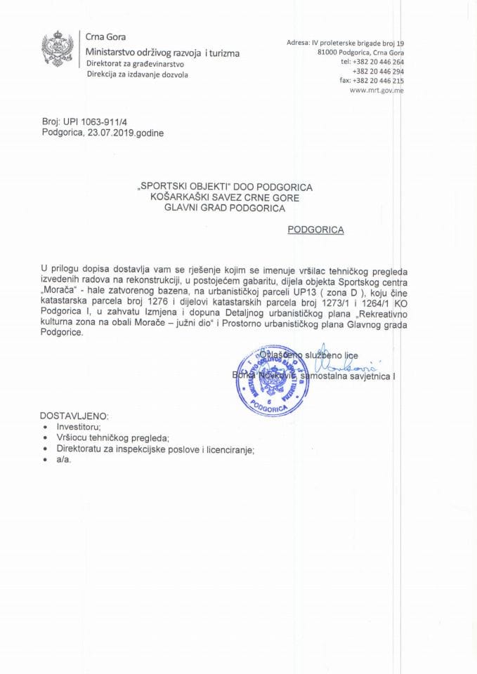 UPI 1063_911_4 Sportski objekti doo Podgorica Kosarkaski savez Crne Gore Glavni grad Podgorica