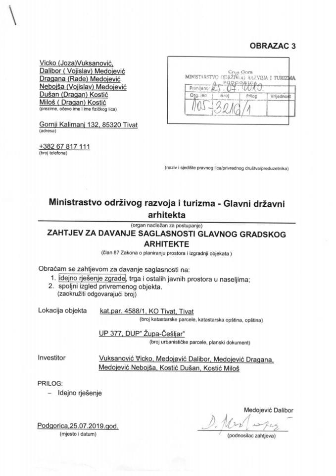 25.07.2019. Zahtjev - Vuksanovišć Vicko, Medojević Dalibor, Medojević Dragana, Medojević Nebojša, Kostić Dušan i Kostić Miloš - Tivat