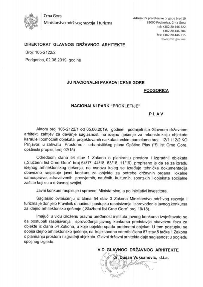 02.08.2019. Obavještenje - JU NACIONALNI PARKOVI CRNE GORE - NACIONALNI PARK PROKLETIJE - PLAV