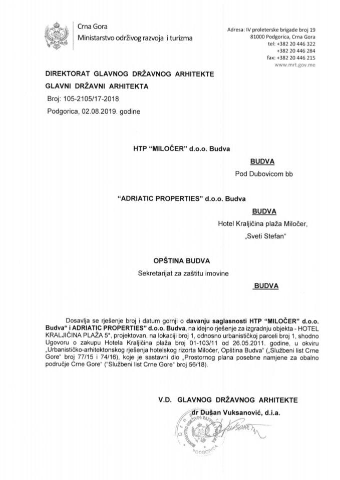 02.08.2019. Рјешење - ХТП Милочер Адриатиц Пропертиес д.о.о. Будва - Будва