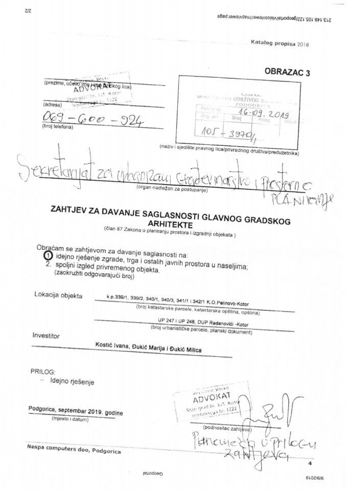 16.09.2019. Захтјев - Костић Ивана, Ђукић Марија и Ђукић Милица - Котор