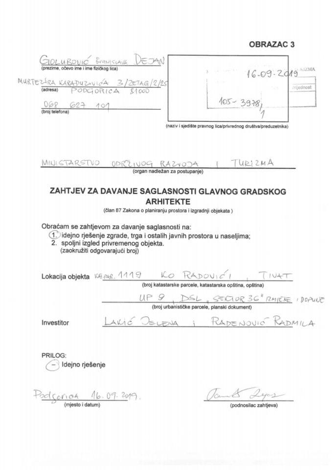 16.09.2019. Zahtjev - Lakić Jelena i Radenović Radmila - Tivat