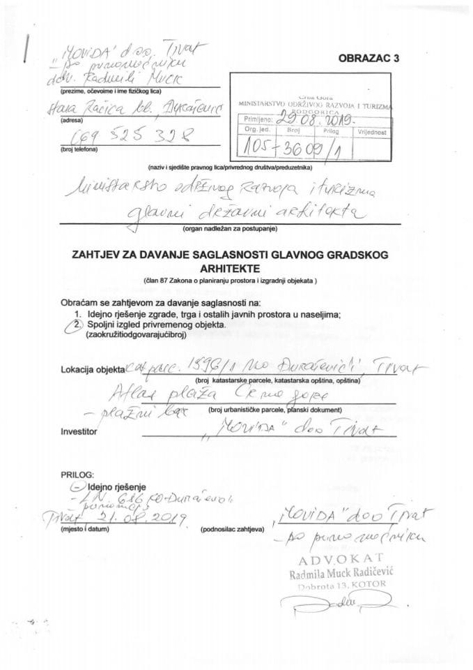 29.08.2019. Zahtjev - MOVIDA d.o.o. - plažni bar - Tivat