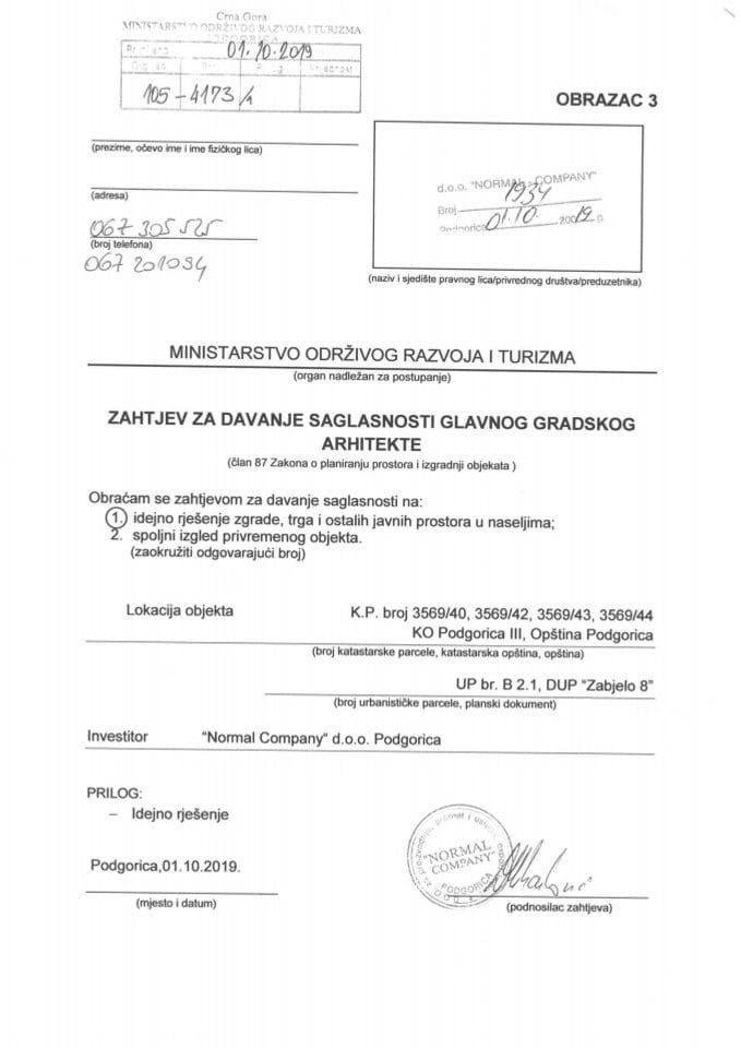01.10.2019. Zahtjev - Normal Company d.o.o. - Podgorica