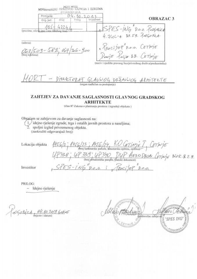04.10.2019. Zahtjev - SPES ING d.o.o. i PROCIJEP d.o.o. - Cetinje