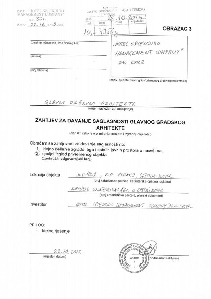 22.10.2019. Zahtjev - Hotel Splendido Management Company d.o.o. - Kotor