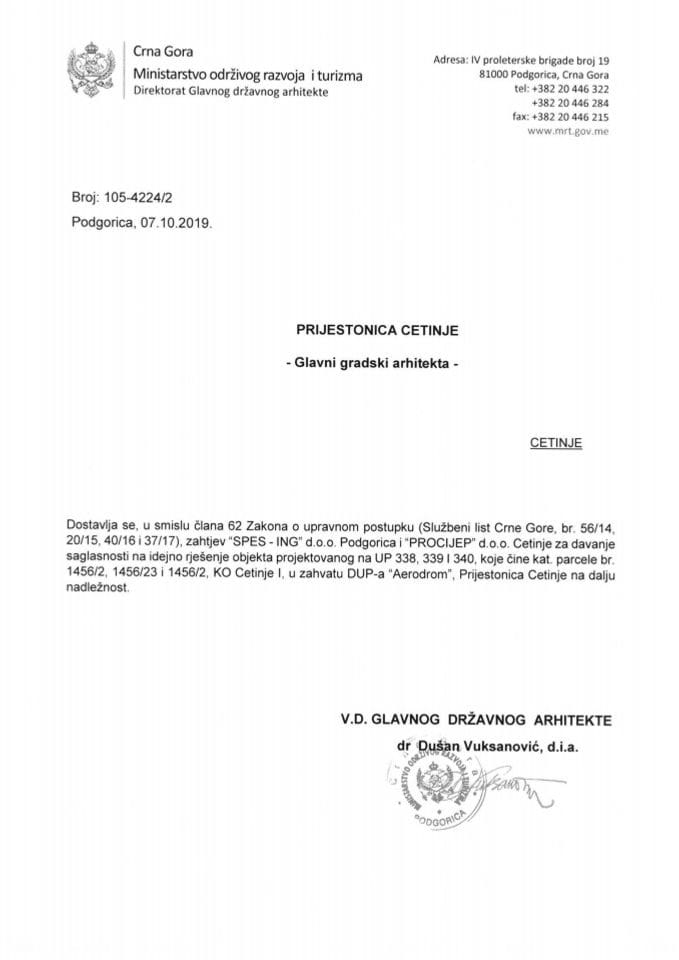 07.10.2019. Obavještenje - Prijestonica Cetinje - Glavni gradski arhitekta - SPES - ING d.o.o. - Cetinje