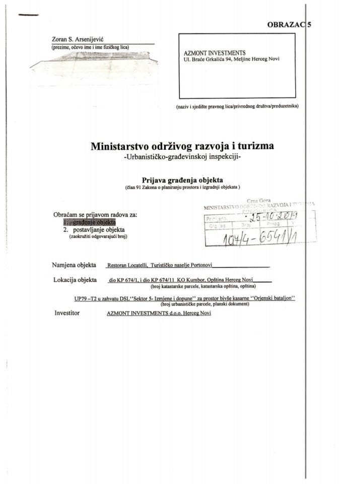 107-4-6541-1 AZMONT INVESTMENTS d.o.o. Herceg Novi