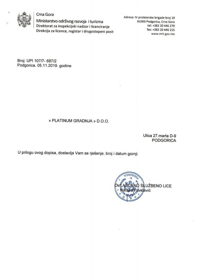 UPI-107-7-687-2 PLATINUM GRADNJA DOO