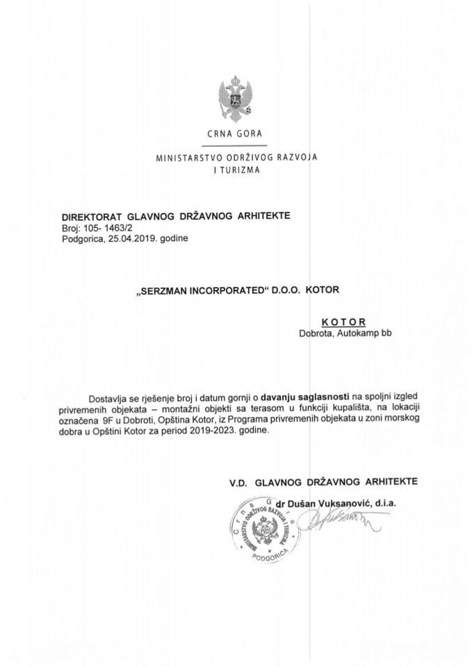 25.04.2019. Rjesenje - Serzman Incorporated d.o.o. - Kotor