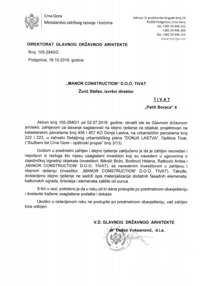 18.10.2019. Obavještenje - Manor Construction d.o.o. - Tivat