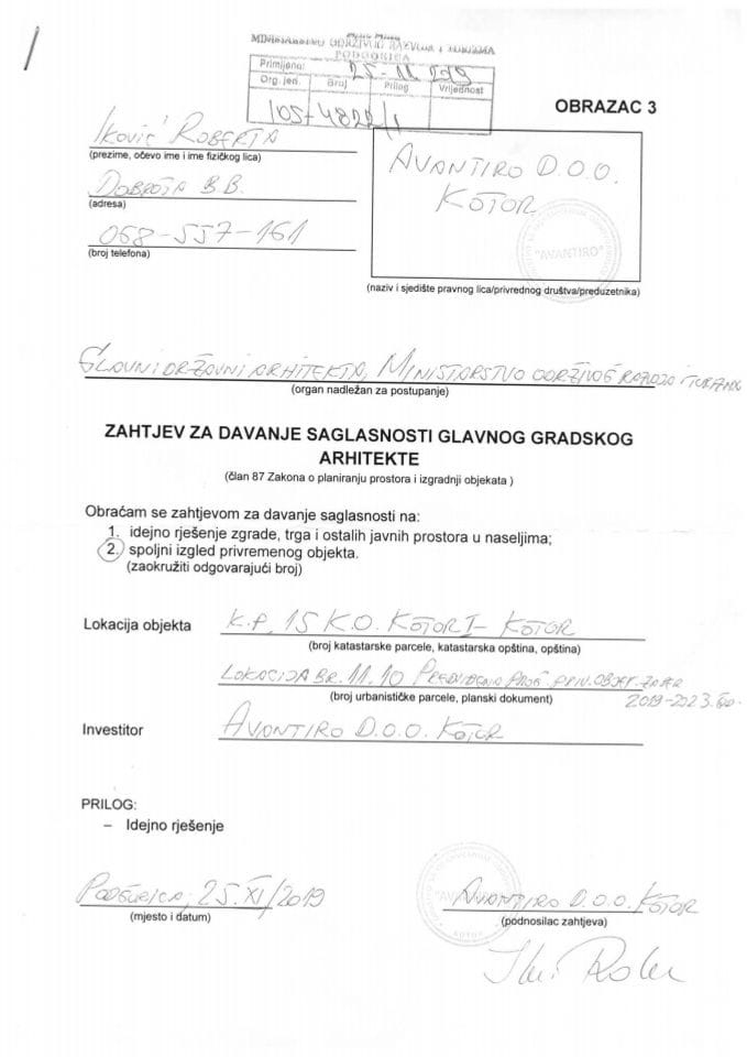 25.11.2019. Zahtjev - AVANTIRO d.o.o. - Kotor