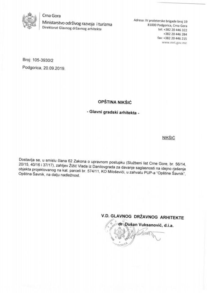 20.09.2019. Obavještenje - Opština Nikšić - Glavni gradski arhitekta - Žižić Vlado - Šavnik