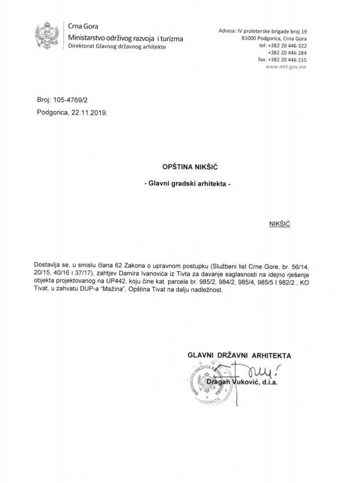 22.11.2019. Obavještenje - Opština Nikšić - Glavni gradski arhitekta - Damir Ivanović - Tivat