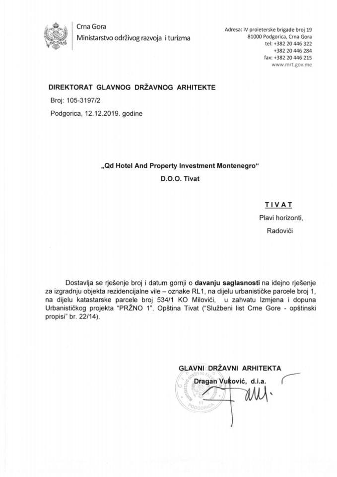 12.12.2019. Rješenje - QD Hotel and Property Investment Montenegro d.o.o. - Tivat