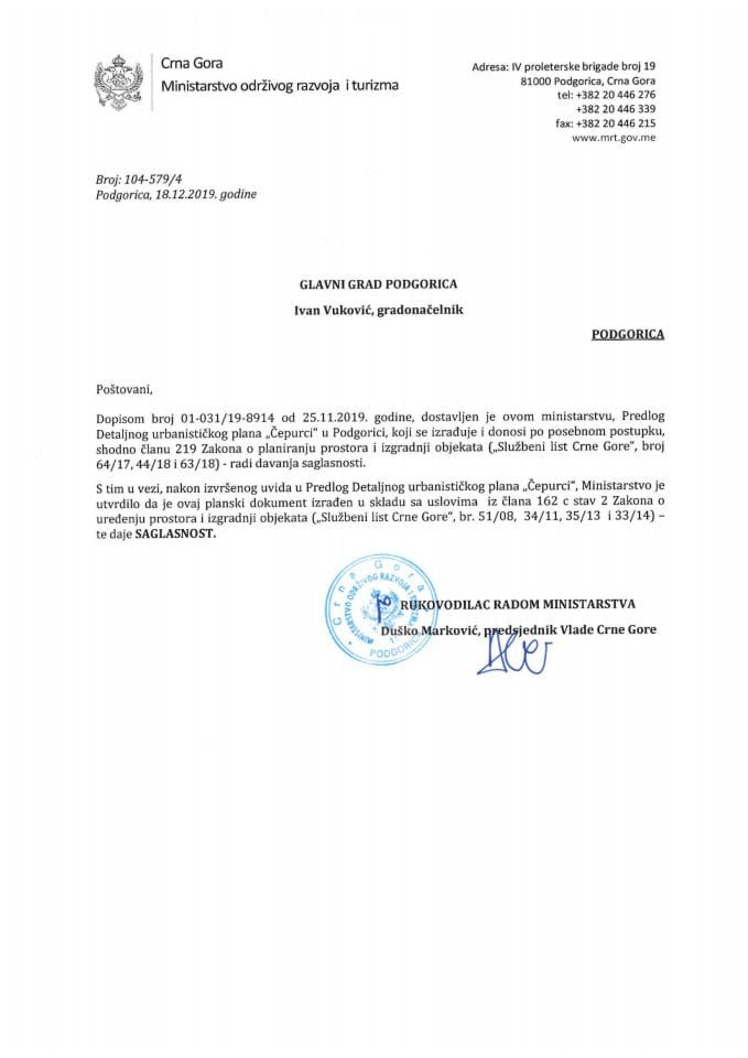 104-579_4 Saglasnost na Predlog DUP-a Čepurci, Glavni grad Podgorica