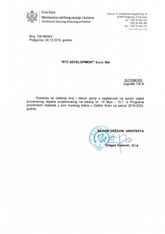 24.12.2019. Rješenje - RTC DEVELOPMENT d.o.o. - Kotor